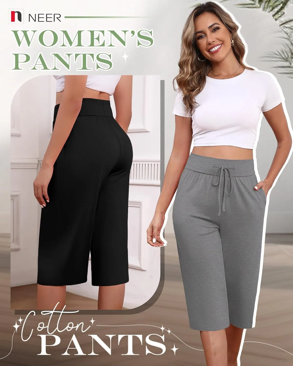 Neer 3 Pack Women's Capri Yoga Pants Cotton Wide Leg Drawstring Loose Sweatpants Comfy Lounge Cropped Pants with Pockets