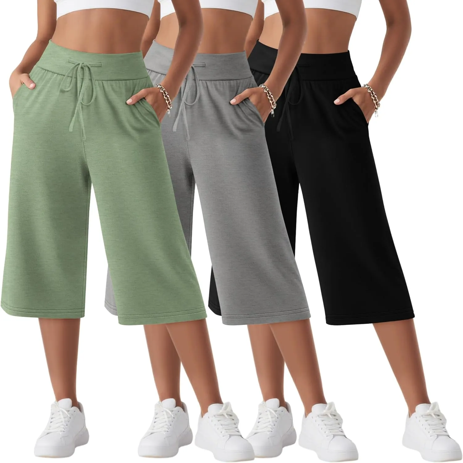 Neer 3 Pack Women's Capri Yoga Pants Cotton Wide Leg Drawstring Loose Sweatpants Comfy Lounge Cropped Pants with Pockets