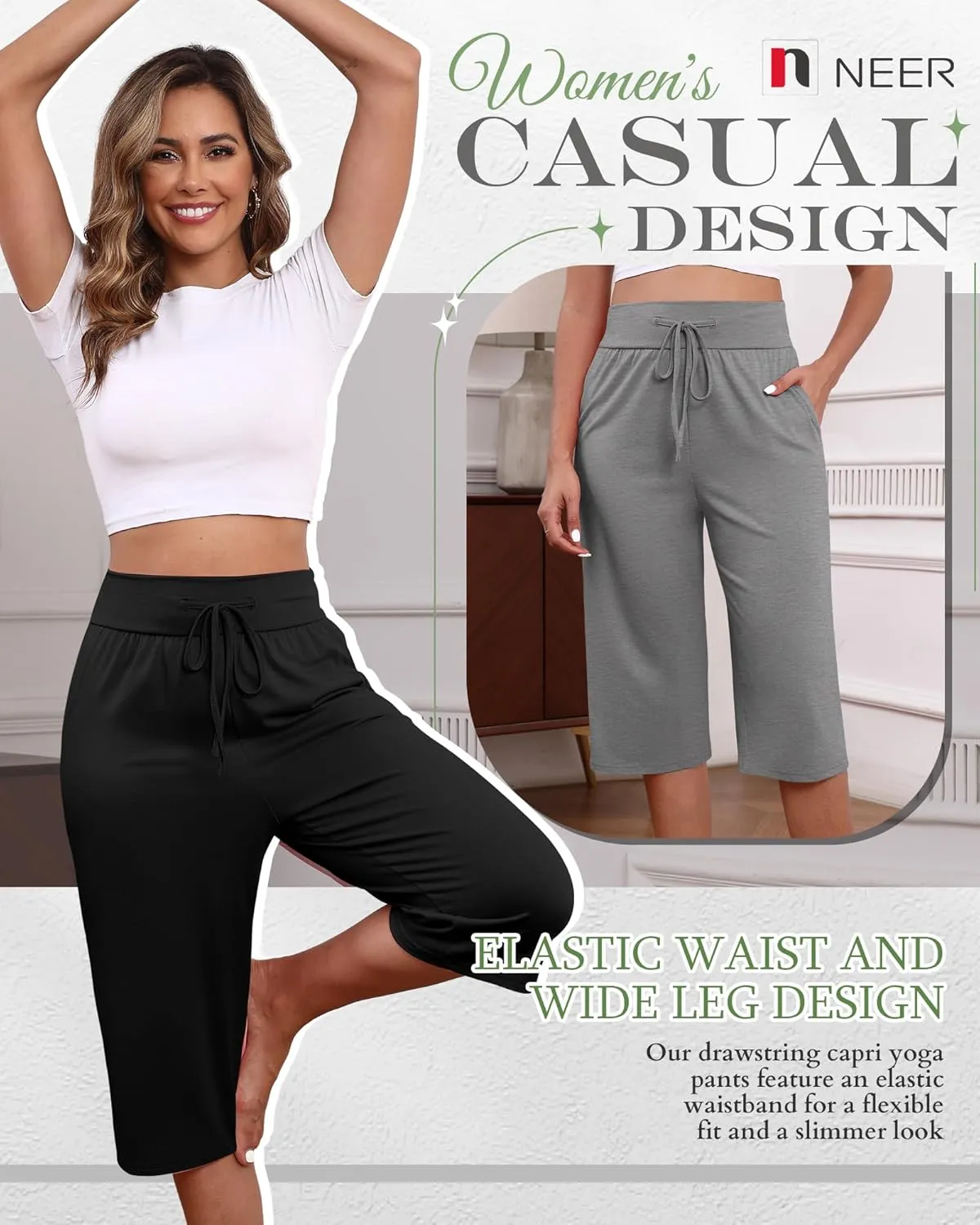 Neer 3 Pack Women's Capri Yoga Pants Cotton Wide Leg Drawstring Loose Sweatpants Comfy Lounge Cropped Pants with Pockets