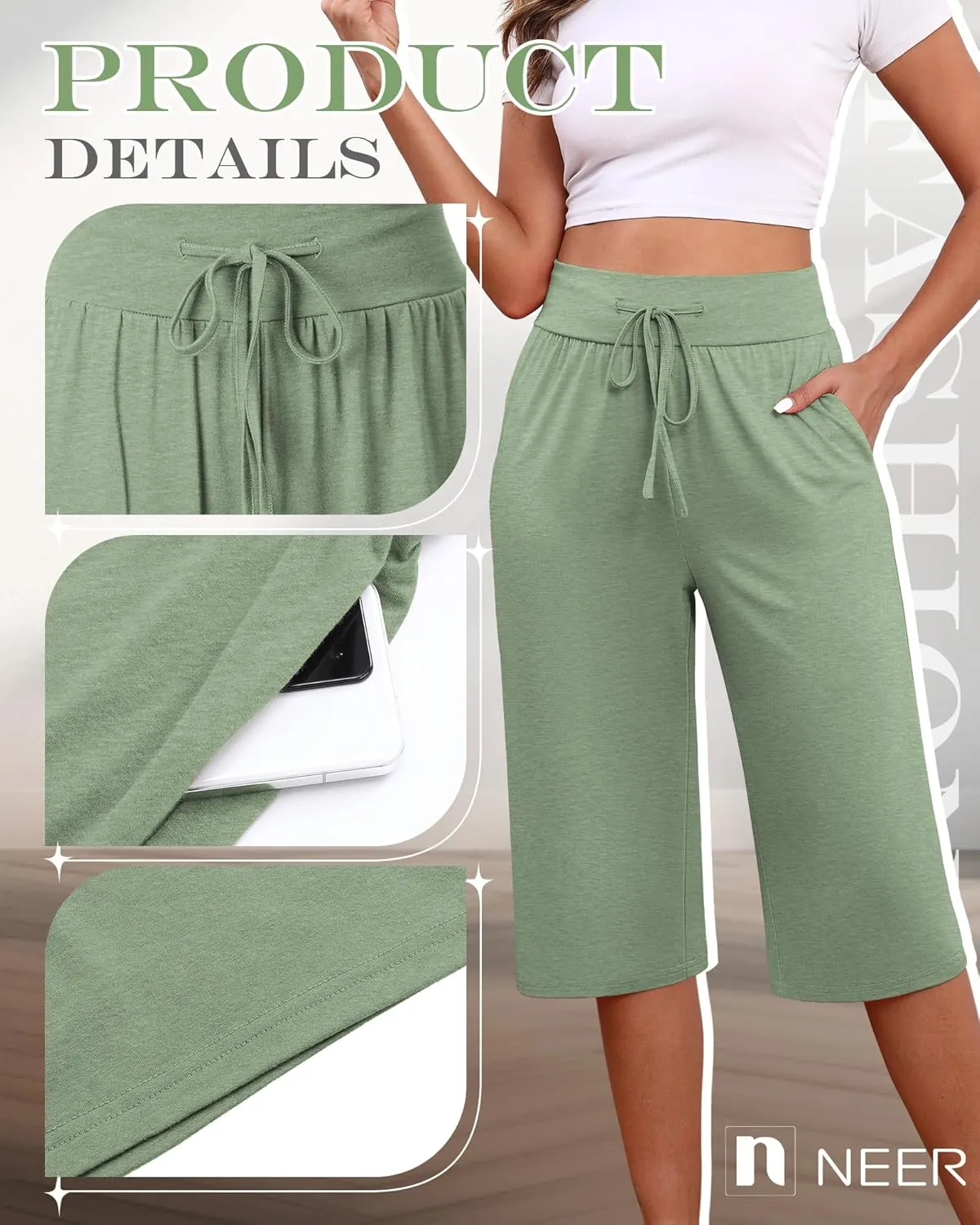 Neer 3 Pack Women's Capri Yoga Pants Cotton Wide Leg Drawstring Loose Sweatpants Comfy Lounge Cropped Pants with Pockets