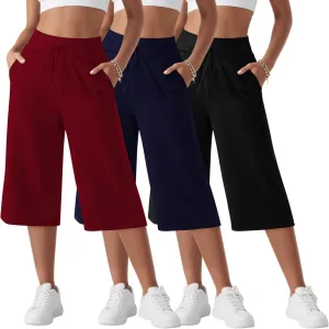 Neer 3 Pack Women's Capri Yoga Pants Cotton Wide Leg Drawstring Loose Sweatpants Comfy Lounge Cropped Pants with Pockets