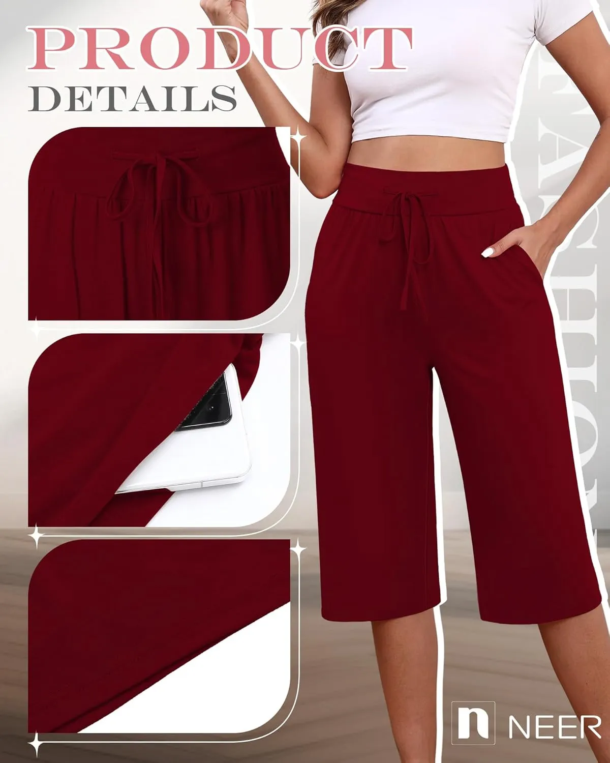 Neer 3 Pack Women's Capri Yoga Pants Cotton Wide Leg Drawstring Loose Sweatpants Comfy Lounge Cropped Pants with Pockets