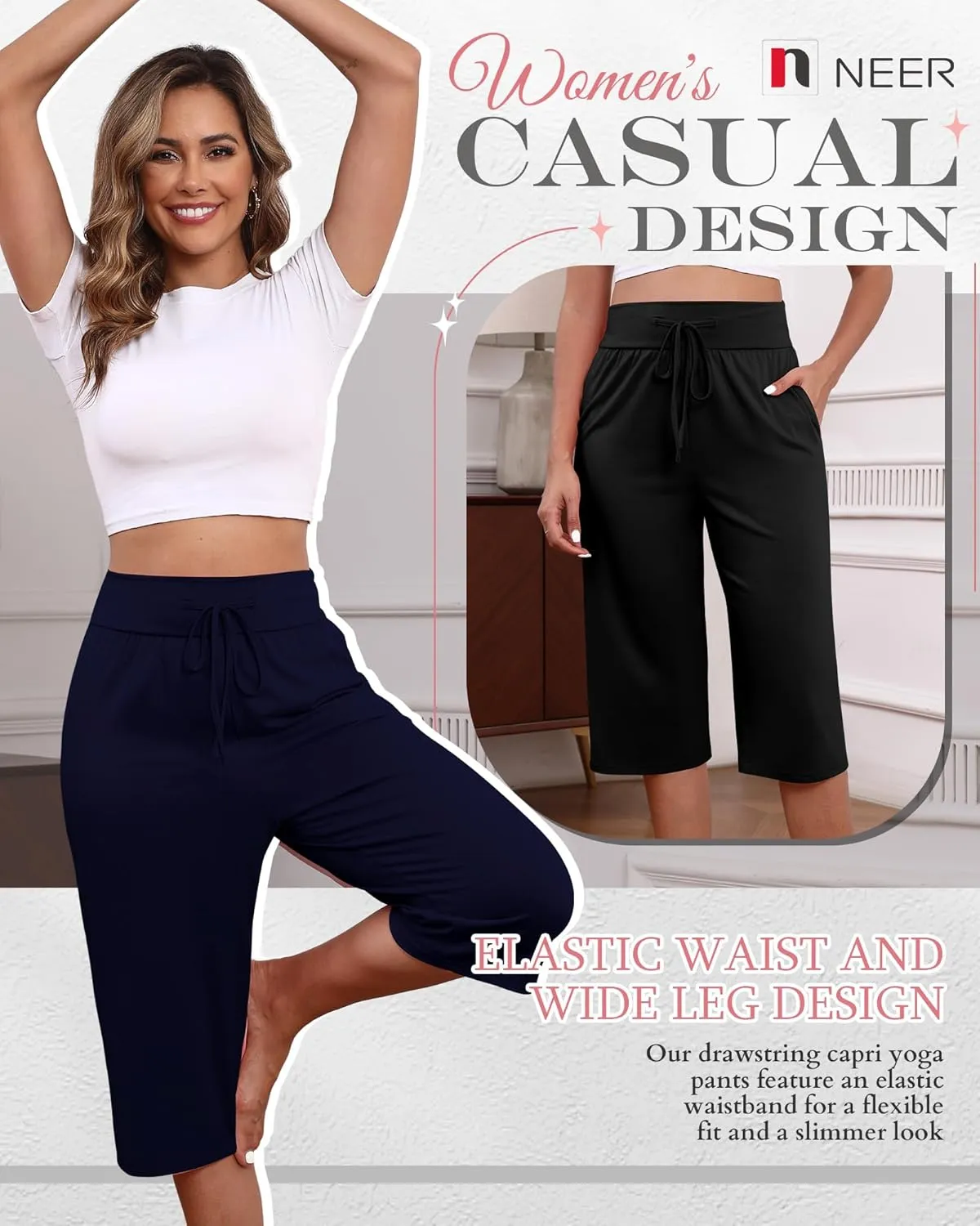 Neer 3 Pack Women's Capri Yoga Pants Cotton Wide Leg Drawstring Loose Sweatpants Comfy Lounge Cropped Pants with Pockets