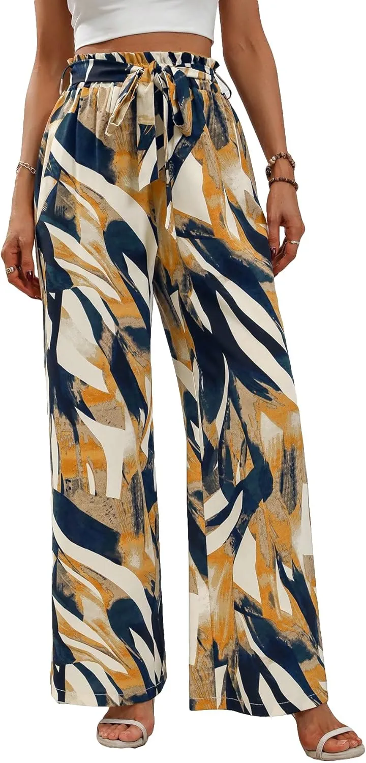 OYOANGLE Women's Boho Paisley Print High Elastic Waist Loose Wide Leg Pants Palazzo Trousers