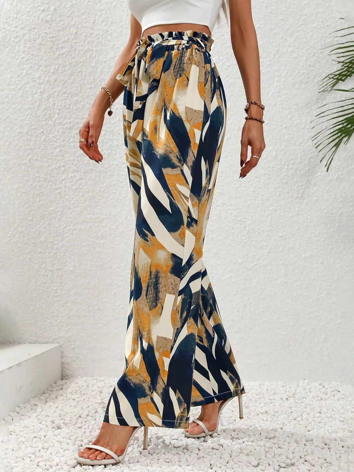 OYOANGLE Women's Boho Paisley Print High Elastic Waist Loose Wide Leg Pants Palazzo Trousers