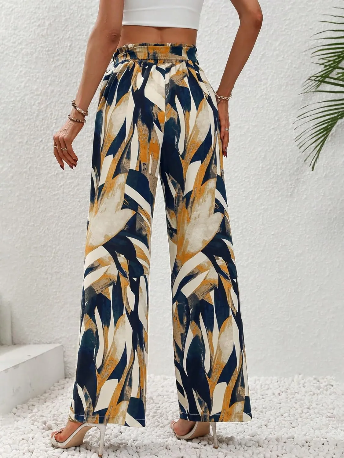 OYOANGLE Women's Boho Paisley Print High Elastic Waist Loose Wide Leg Pants Palazzo Trousers