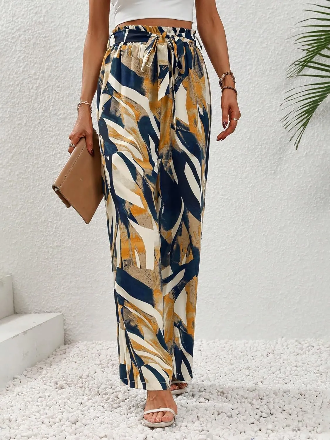 OYOANGLE Women's Boho Paisley Print High Elastic Waist Loose Wide Leg Pants Palazzo Trousers