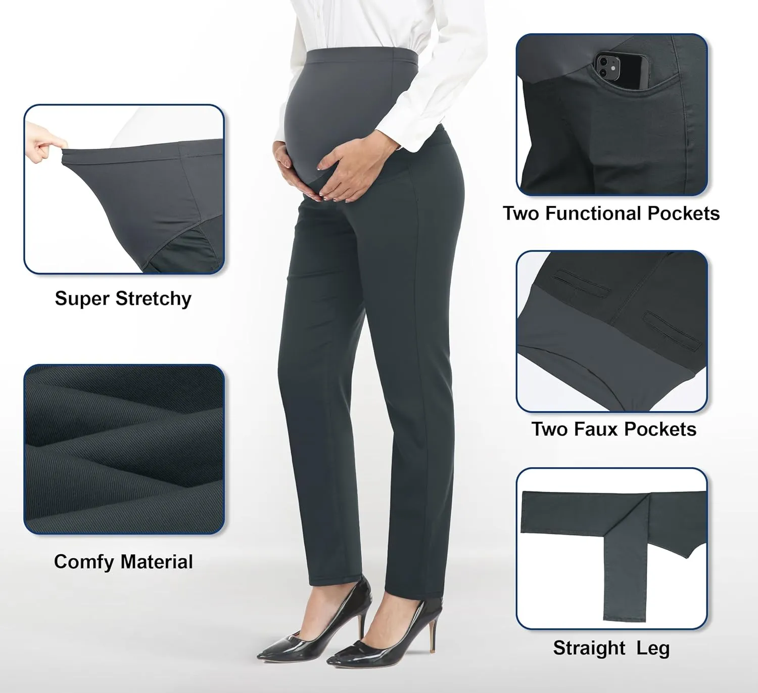 PACBREEZE Women's Maternity Pants for Work Over-Bump Pregnancy Casual Stretchy Straight Dress Pants with Pockets