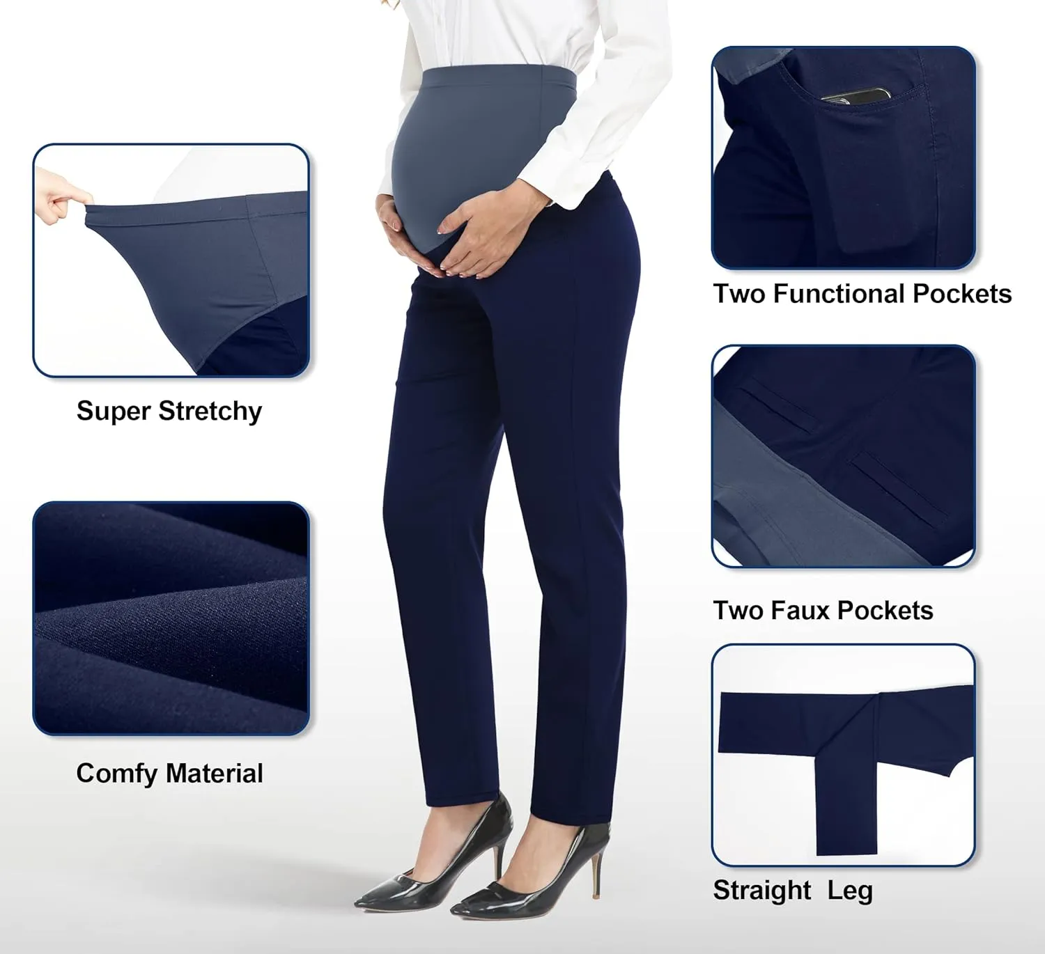PACBREEZE Women's Maternity Pants for Work Over-Bump Pregnancy Casual Stretchy Straight Dress Pants with Pockets
