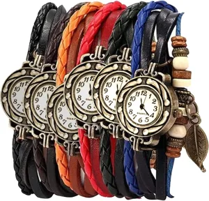 Pack of 6 Women's Watches Vintage Wrap Around Bead Leaf Bracelet Quartz Wholesale Set