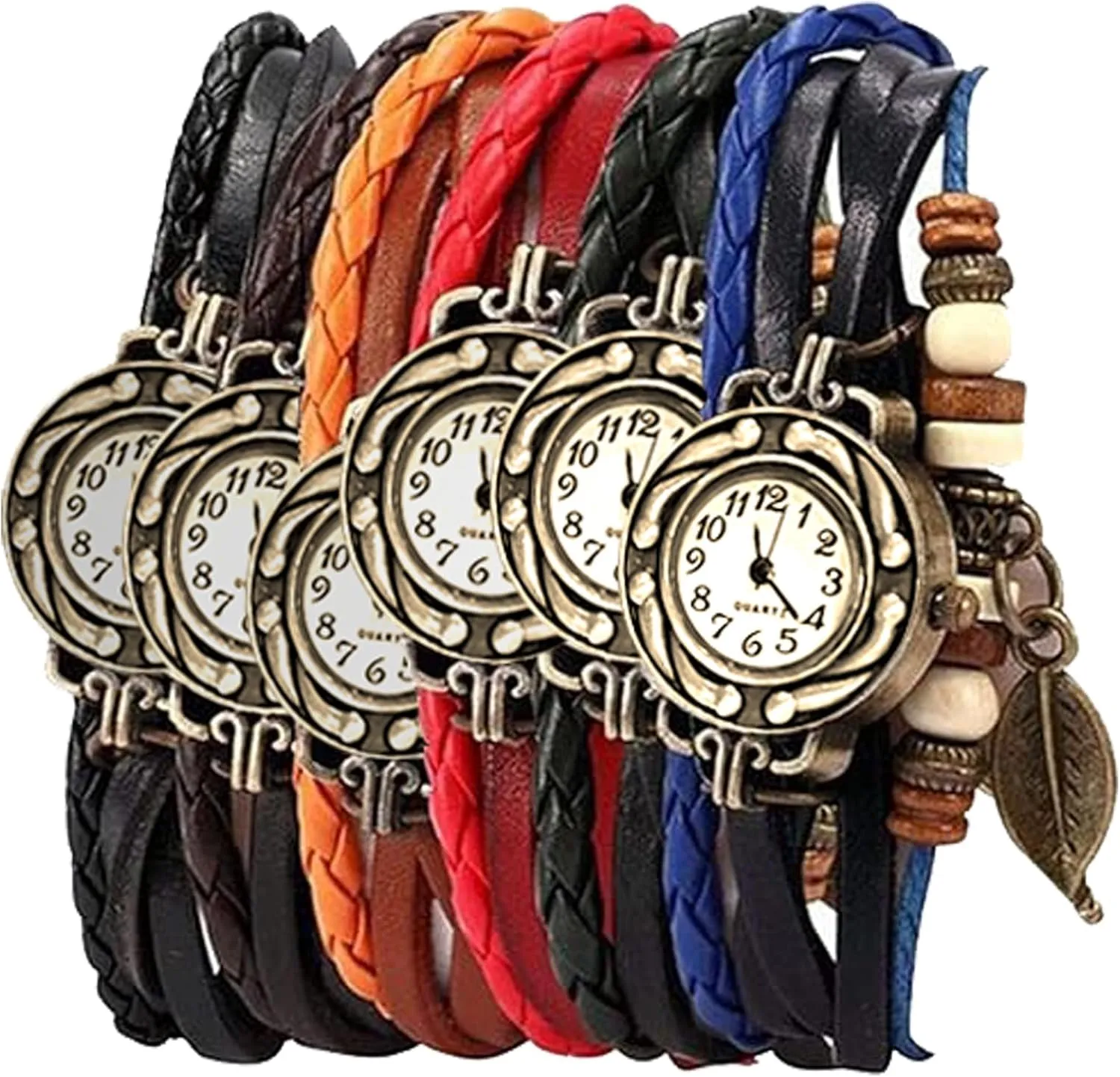 Pack of 6 Women's Watches Vintage Wrap Around Bead Leaf Bracelet Quartz Wholesale Set