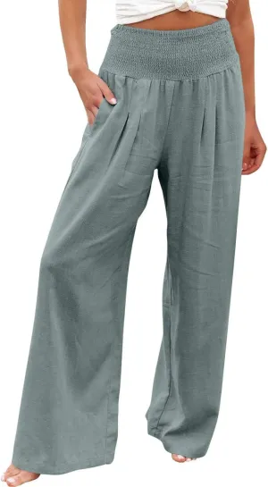 Palazzo Pants for Women Summer High Waist Wide Leg Beach Pant Trendy Casual Loose Lounge Flowy Trousers with Pockets