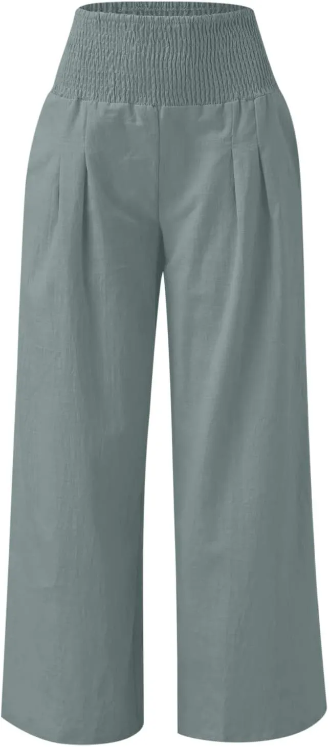 Palazzo Pants for Women Summer High Waist Wide Leg Beach Pant Trendy Casual Loose Lounge Flowy Trousers with Pockets
