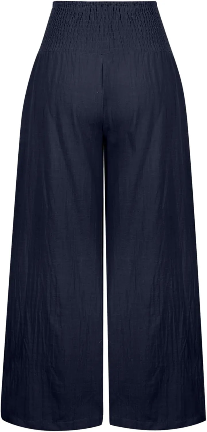 Palazzo Pants for Women Summer High Waist Wide Leg Beach Pant Trendy Casual Loose Lounge Flowy Trousers with Pockets