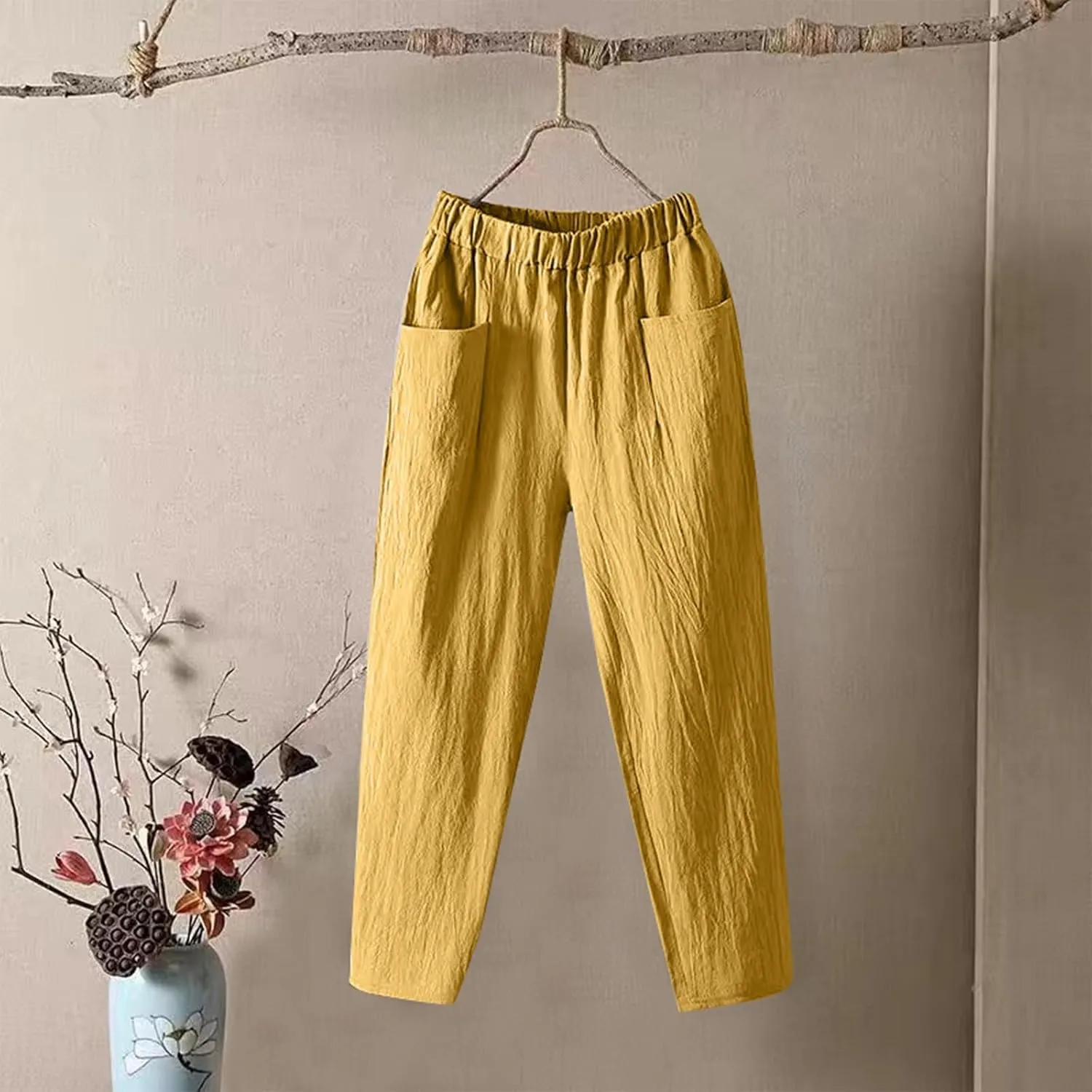 Pants for Women, Straight Leg Linen Loose Casual Pants Peasant Lounge Stretchy