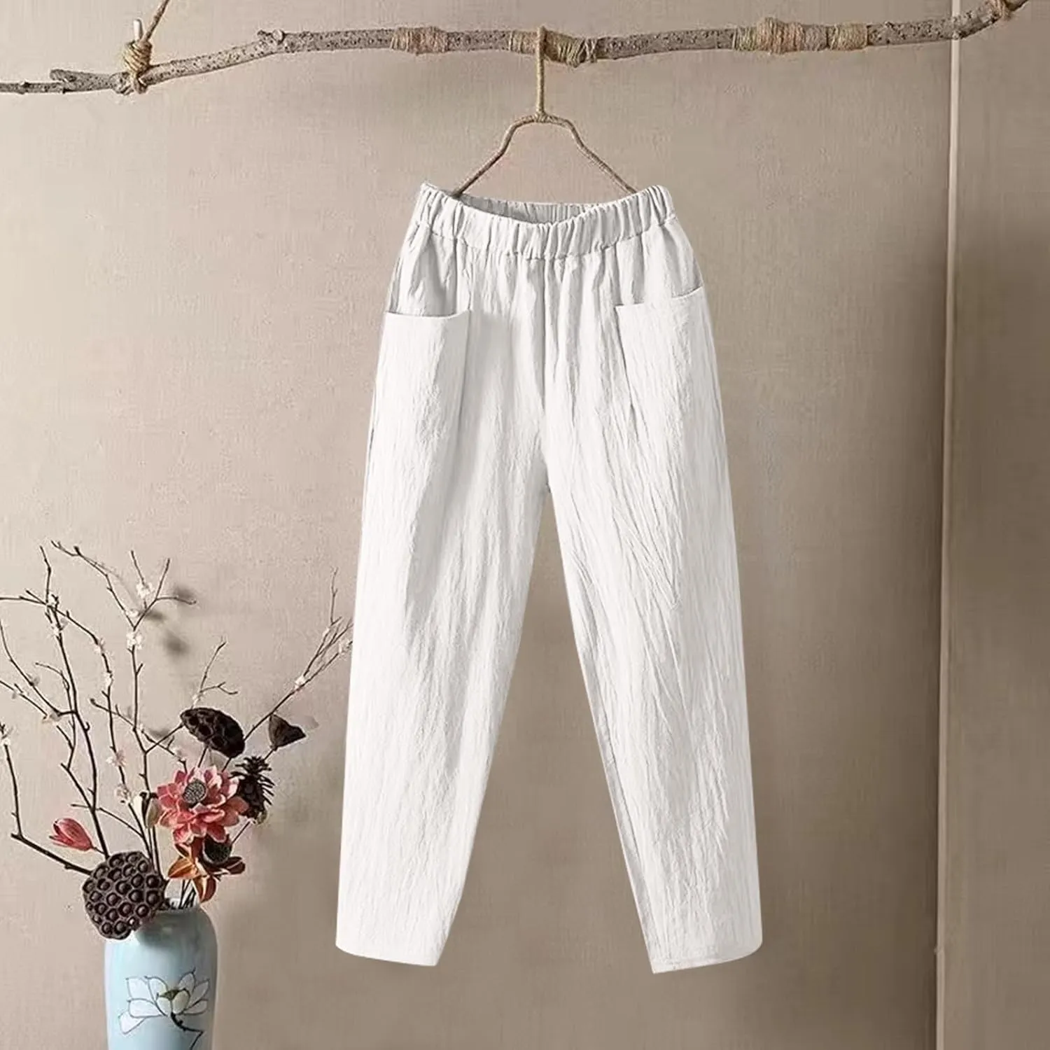 Pants for Women, Straight Leg Linen Loose Casual Pants Peasant Lounge Stretchy