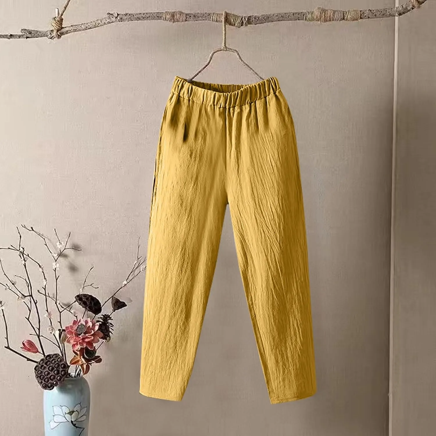 Pants for Women, Straight Leg Linen Loose Casual Pants Peasant Lounge Stretchy