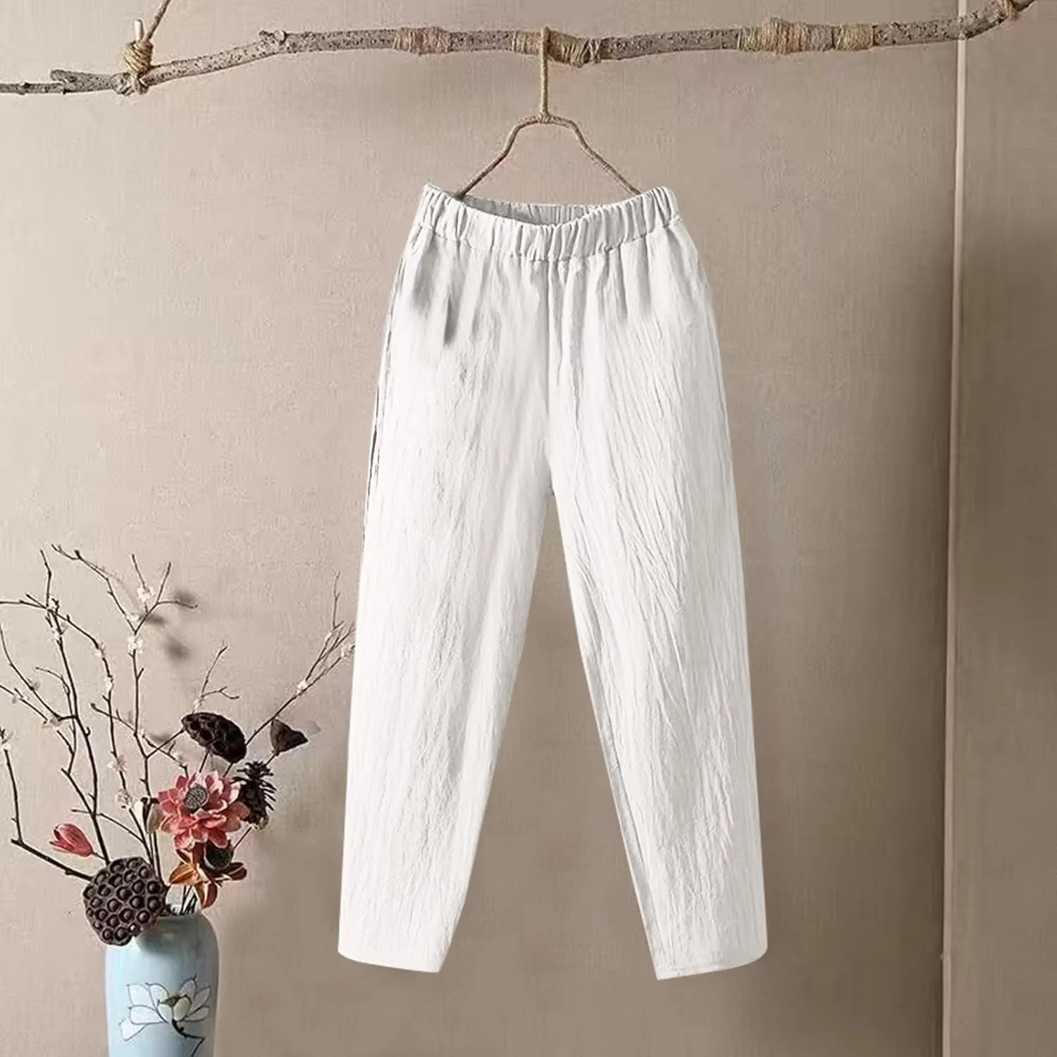 Pants for Women, Straight Leg Linen Loose Casual Pants Peasant Lounge Stretchy