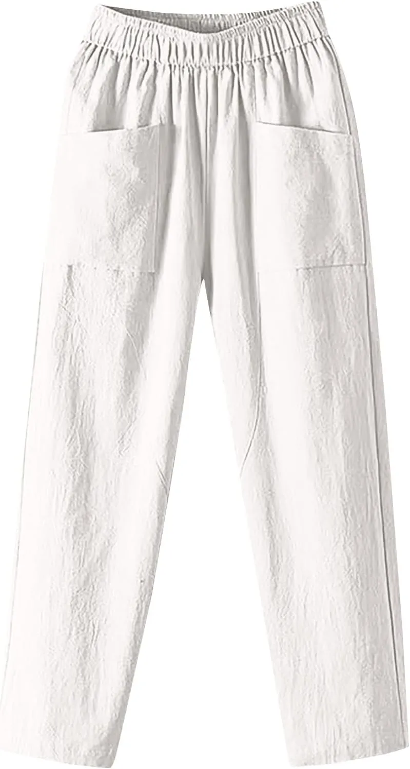 Pants for Women, Straight Leg Linen Loose Casual Pants Peasant Lounge Stretchy