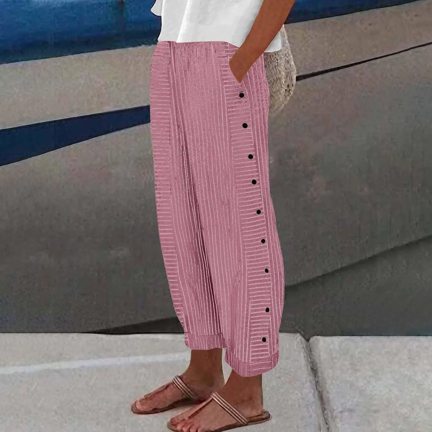 Pants for Women, Stripe Peasant Pants Casual Straight Leg Linen Plaid Trendy