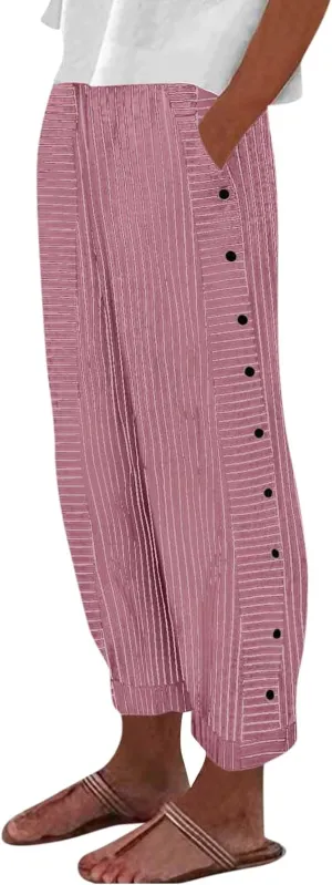 Pants for Women, Stripe Peasant Pants Casual Straight Leg Linen Plaid Trendy