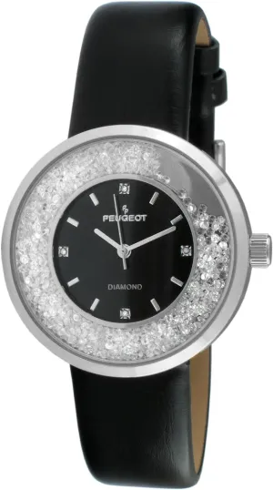 Peugeot Women Round Dress Watch - Slim Thin Case with Floating Genuine Diamond CZ and Leather Strap