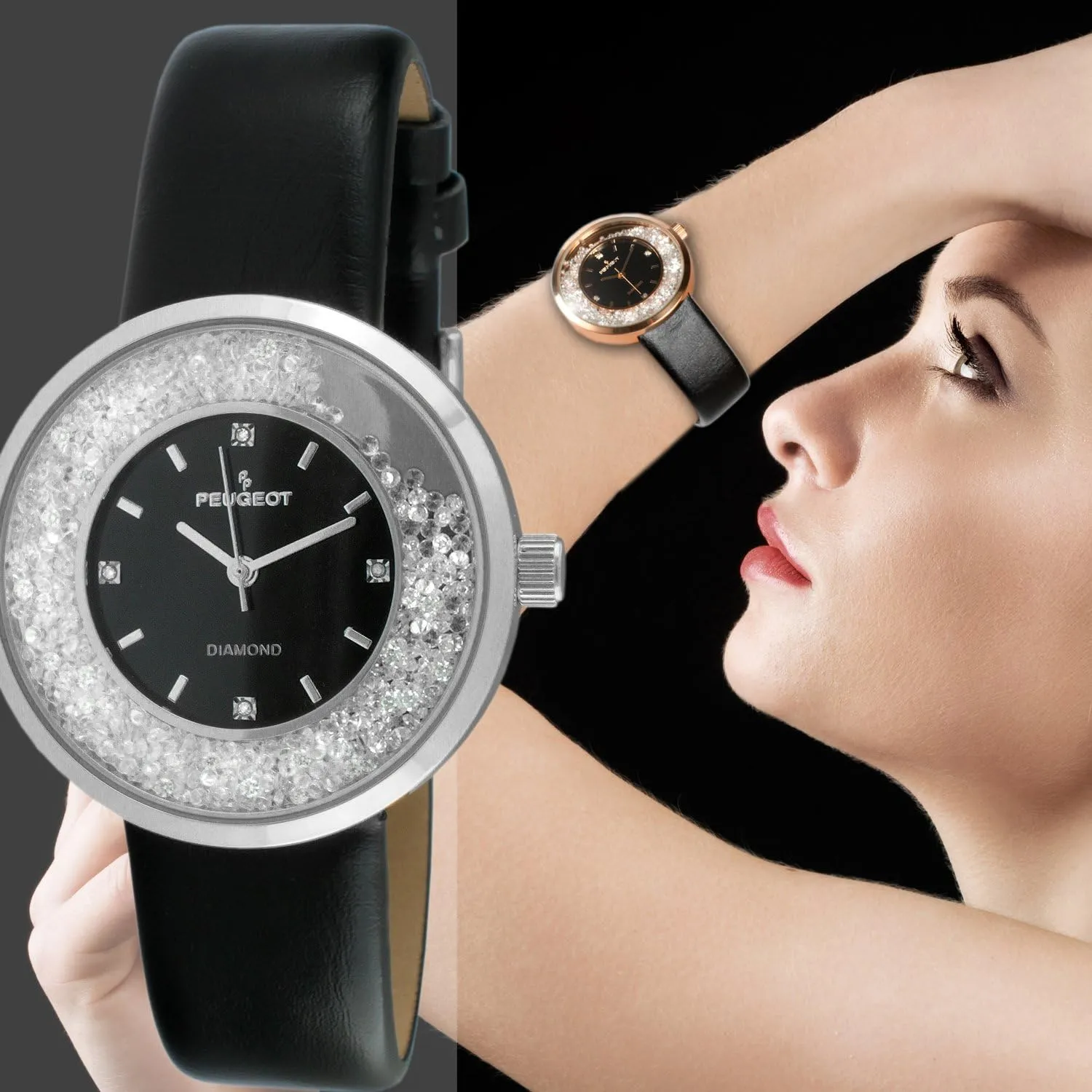 Peugeot Women Round Dress Watch - Slim Thin Case with Floating Genuine Diamond CZ and Leather Strap