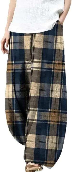Plaid Pants for Women Pajama Wide Leg Plus Size Casual Lightweight Stripe Yoga Trendy Baggy Vintage Lounge Pants