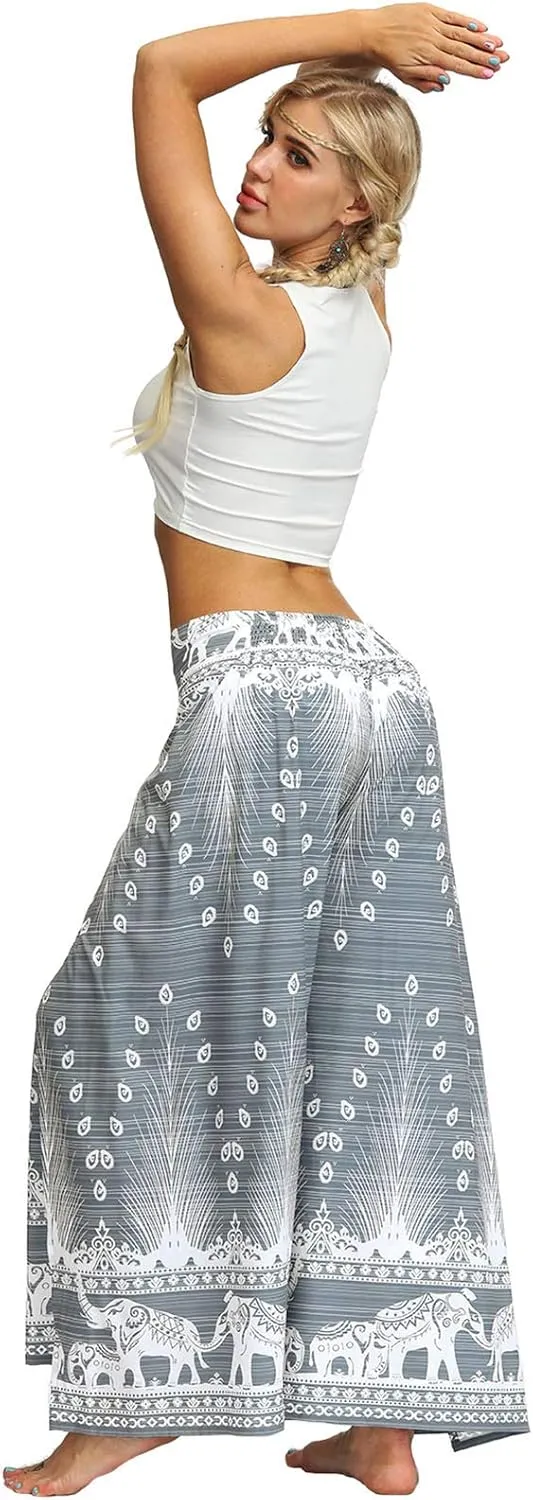 PNKJ Womens Slit Wide Leg Pants-Casual Hippie Bohemian Pilate Beach Boho Baggy Yoga Pants