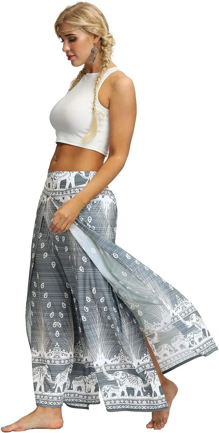 PNKJ Womens Slit Wide Leg Pants-Casual Hippie Bohemian Pilate Beach Boho Baggy Yoga Pants