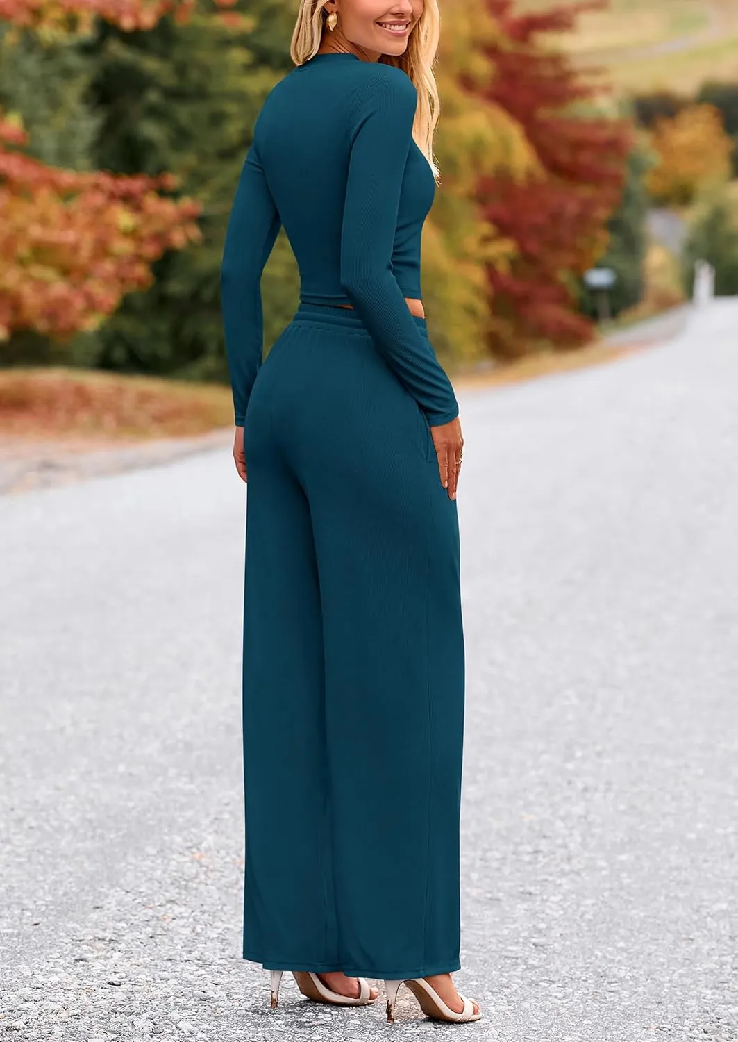 PRETTYGARDEN Women's 2 Piece Loungewear Long Sleeve Crop Top Wide Leg Palazzo Pants Set Tracksuits Casual Outfit