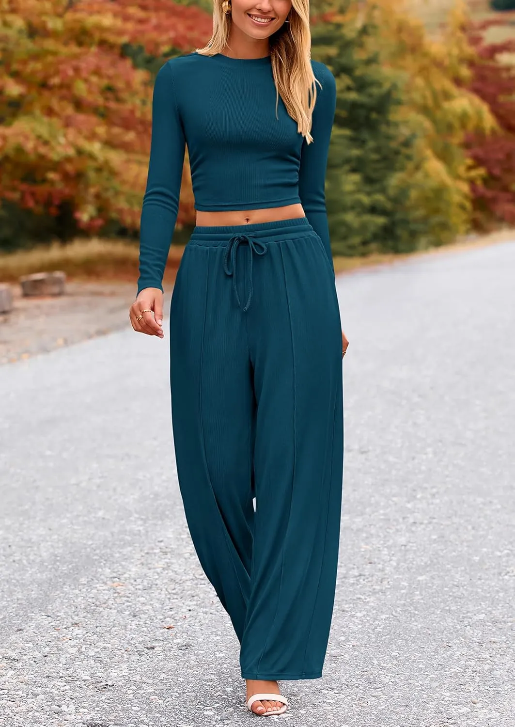 PRETTYGARDEN Women's 2 Piece Loungewear Long Sleeve Crop Top Wide Leg Palazzo Pants Set Tracksuits Casual Outfit