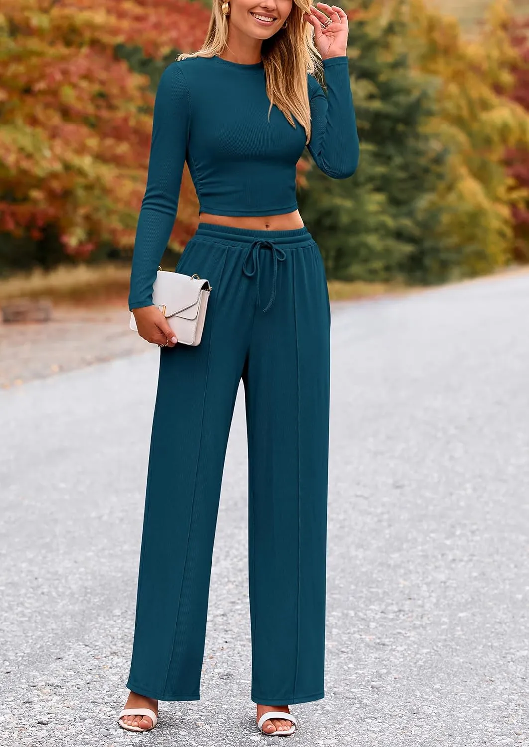 PRETTYGARDEN Women's 2 Piece Loungewear Long Sleeve Crop Top Wide Leg Palazzo Pants Set Tracksuits Casual Outfit