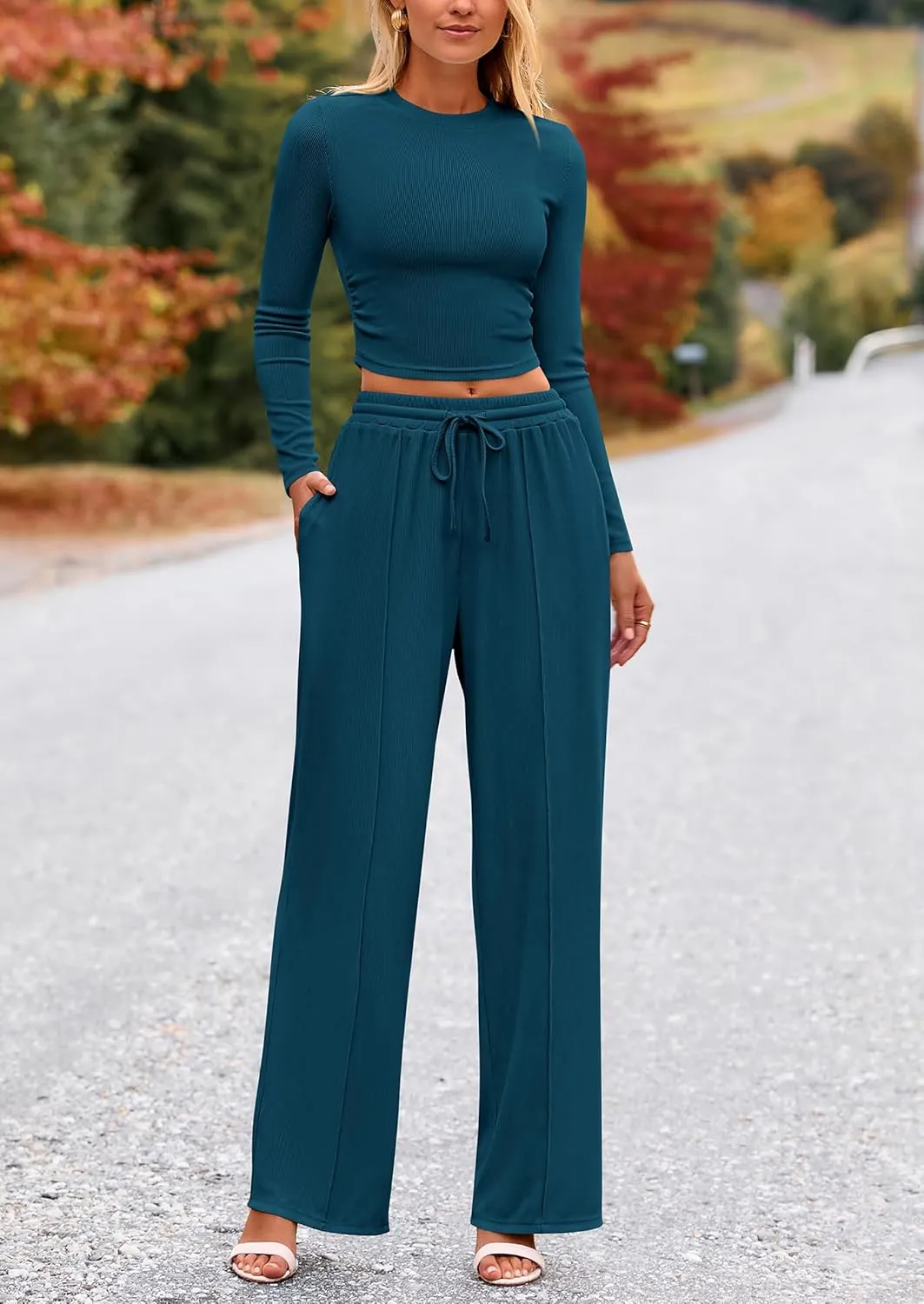 PRETTYGARDEN Women's 2 Piece Loungewear Long Sleeve Crop Top Wide Leg Palazzo Pants Set Tracksuits Casual Outfit