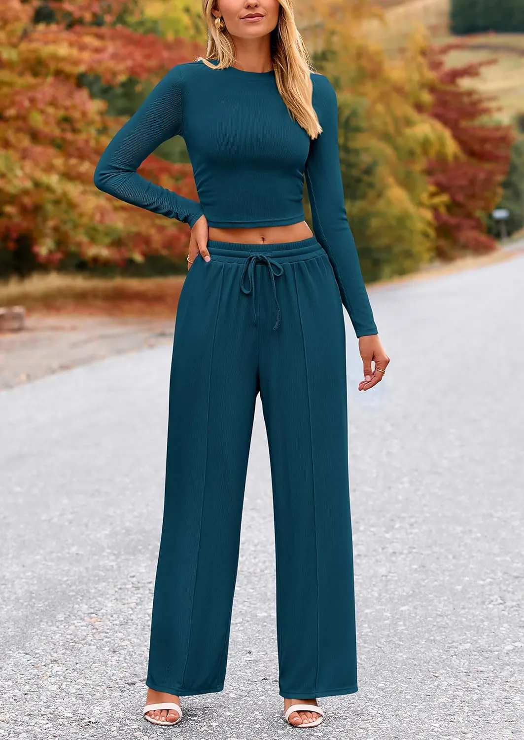 PRETTYGARDEN Women's 2 Piece Loungewear Long Sleeve Crop Top Wide Leg Palazzo Pants Set Tracksuits Casual Outfit