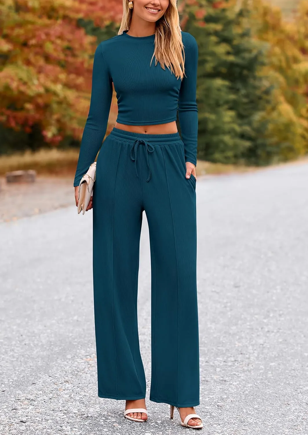 PRETTYGARDEN Women's 2 Piece Loungewear Long Sleeve Crop Top Wide Leg Palazzo Pants Set Tracksuits Casual Outfit