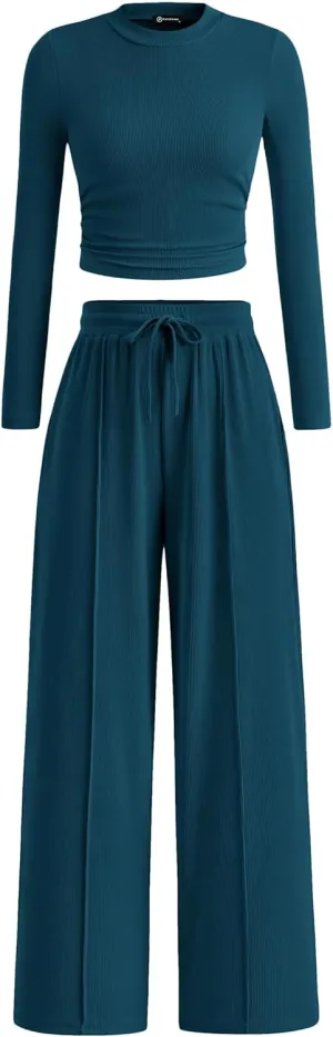 PRETTYGARDEN Women's 2 Piece Loungewear Long Sleeve Crop Top Wide Leg Palazzo Pants Set Tracksuits Casual Outfit