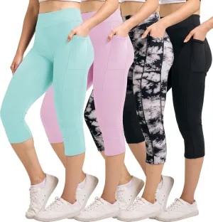 Real Essentials 4 Pack: Women's Capri Leggings with Pockets Casual Yoga Workout Exercise Pants (Available in Plus Size)