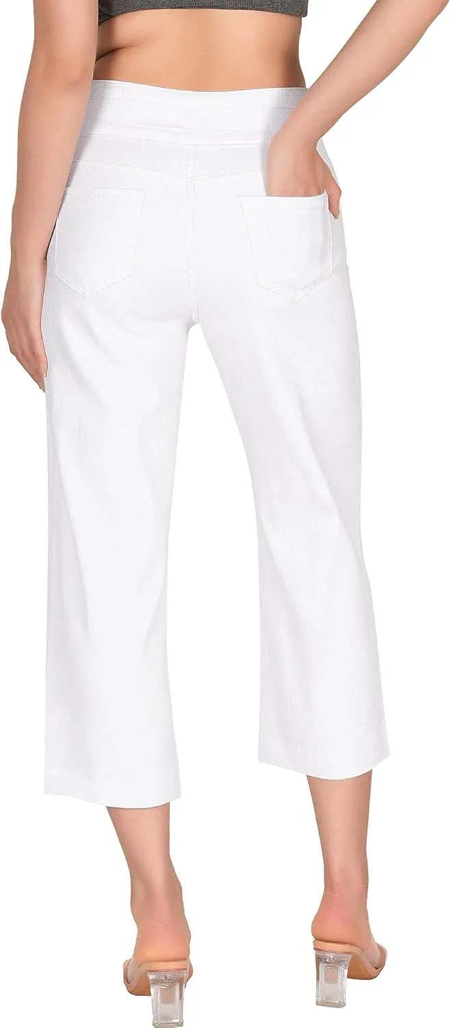 roswear Women's Wide Leg Stretchy High Waisted Capri Denim Pants