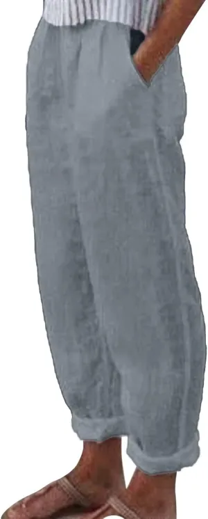 Rvidbe Linen Pants for Women Plus Size, Summer Pants Women Capri, Summer Pants Women Linen Women Beach Casual Loose Capri Elastic Waist Summer Trousers Cropped Wide Leg Pants