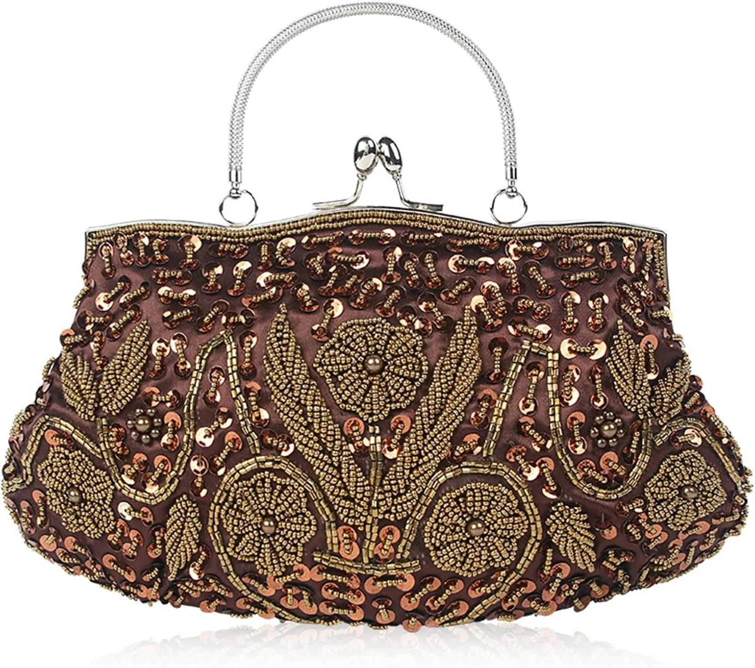 Sangeuhhlk Women Flowers Beaded Sequin Evening Clutch Handbag Vintage Embroidery Crossbody Wedding Purse Night Prom Bride Bag(Coffee)