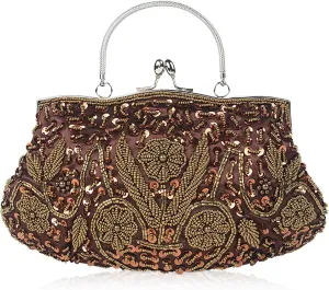 Sangeuhhlk Women Flowers Beaded Sequin Evening Clutch Handbag Vintage Embroidery Crossbody Wedding Purse Night Prom Bride Bag(Coffee)