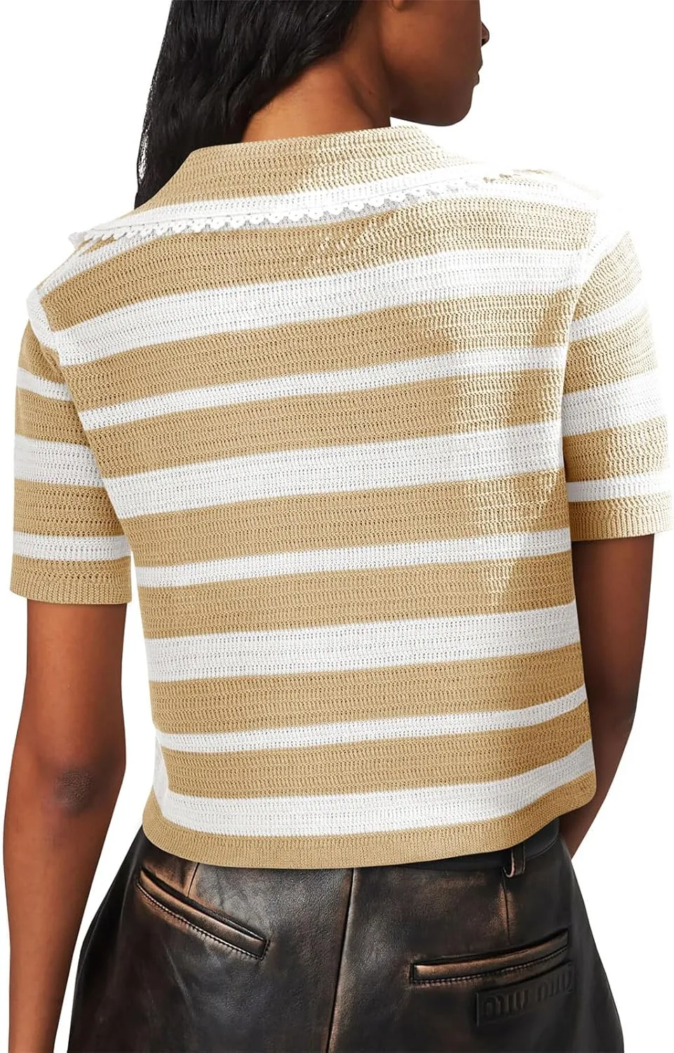 Saodimallsu Womens Cropped Striped Sweater Top Summer Short Sleeve V Neck Collared Going Out Trendy Loose Polo Shirt