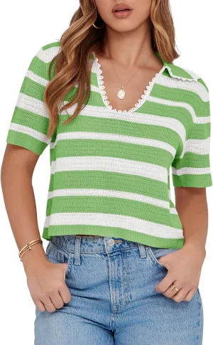 Saodimallsu Womens Cropped Striped Sweater Top Summer Short Sleeve V Neck Collared Going Out Trendy Loose Polo Shirt