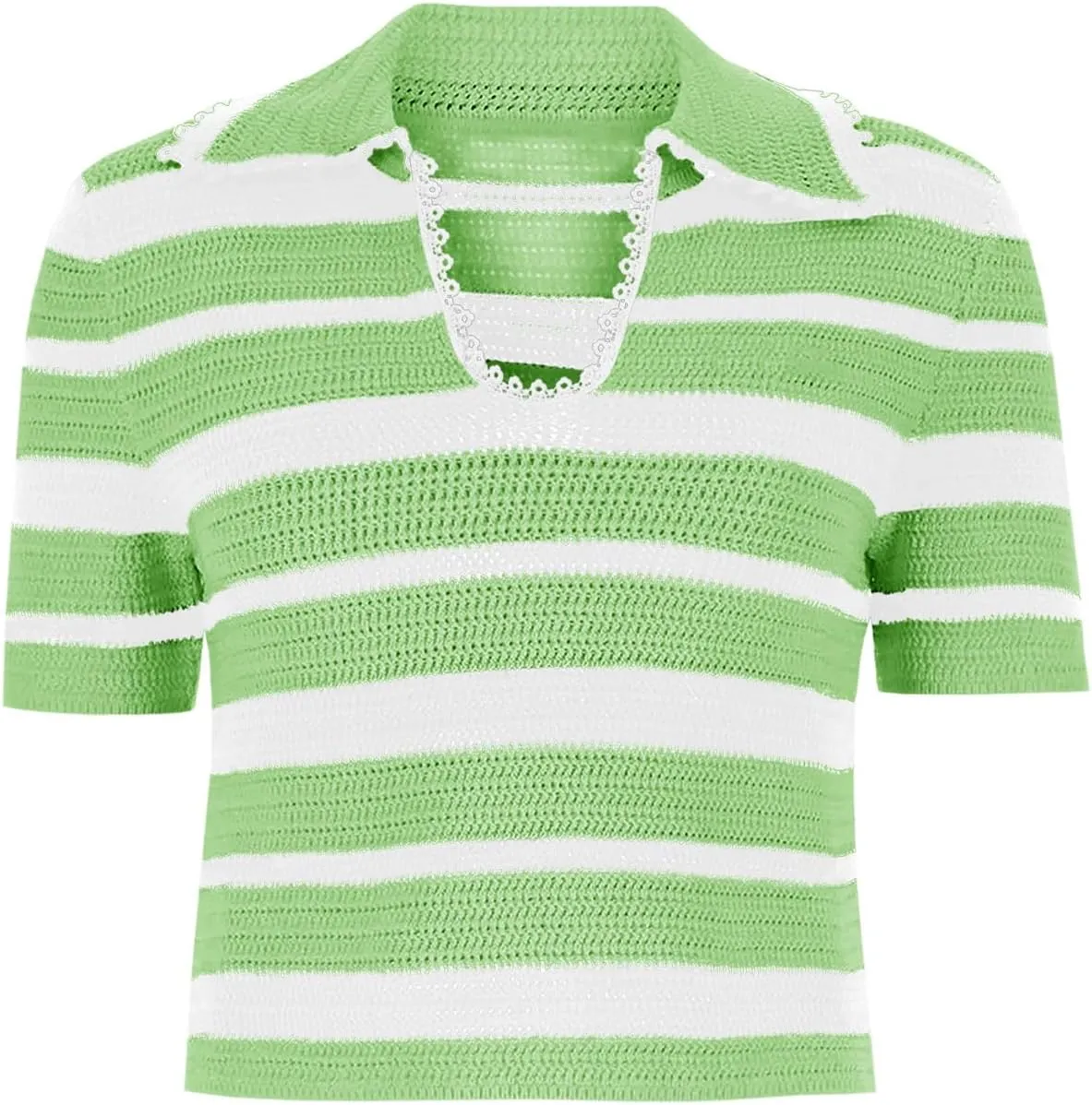 Saodimallsu Womens Cropped Striped Sweater Top Summer Short Sleeve V Neck Collared Going Out Trendy Loose Polo Shirt