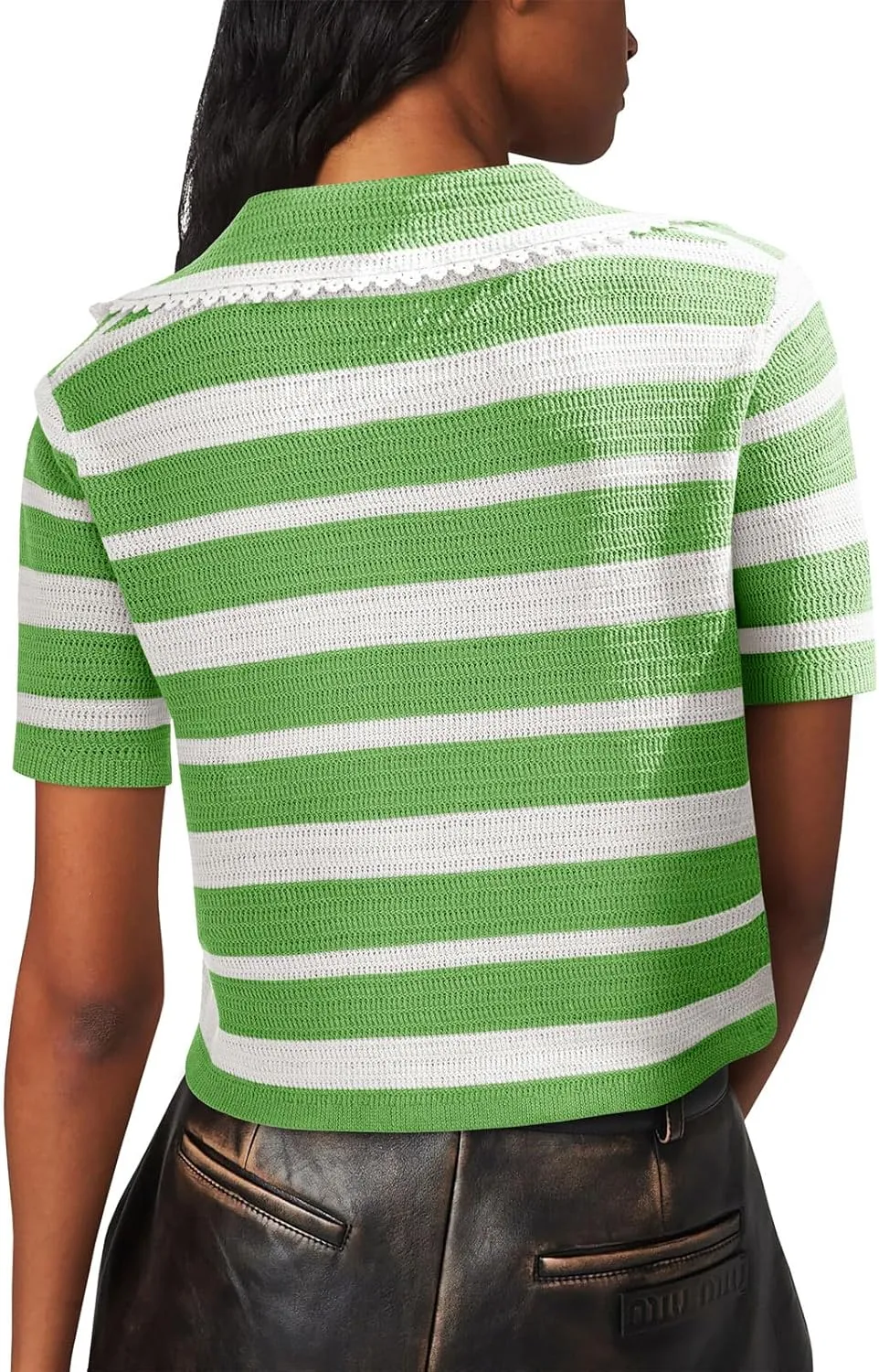 Saodimallsu Womens Cropped Striped Sweater Top Summer Short Sleeve V Neck Collared Going Out Trendy Loose Polo Shirt