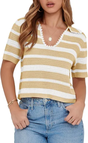Saodimallsu Womens Cropped Striped Sweater Top Summer Short Sleeve V Neck Collared Going Out Trendy Loose Polo Shirt