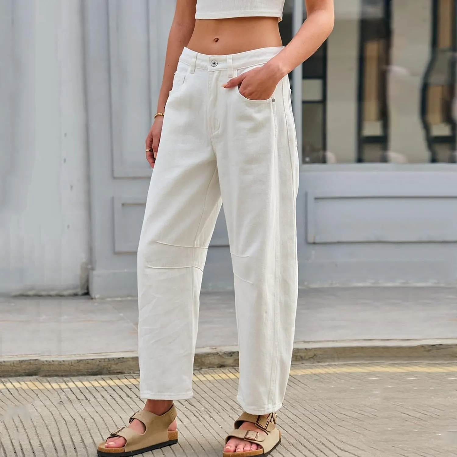 sdbrld Cargo Pants Women Adjustable Waist XXL Multiple Pocket Relaxed Fit Straight Wide Leg Y2K Pants Trousers Fashion Jeans