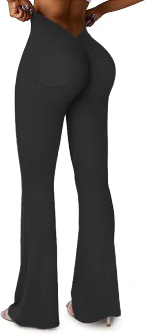 SEASUM Scrunch Pocket Flare Leggings Daze V Back Butt Lifting Gym Workout Bell Bottom Wide Leg Bootcut Yoga Pants