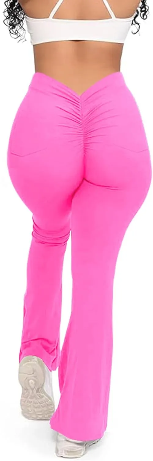 SEASUM Scrunch Pocket Flare Leggings Daze V Back Butt Lifting Gym Workout Bell Bottom Wide Leg Bootcut Yoga Pants